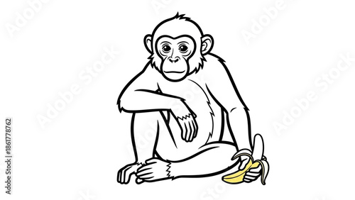 Cute baby chimpanzee sitting down holding a peeled banana line art illustration.