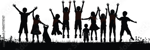 Happy children silhouettes jumping together vector illustration celebrating childhood freedom joy friendship outdoor play group energy fun summer activity concept