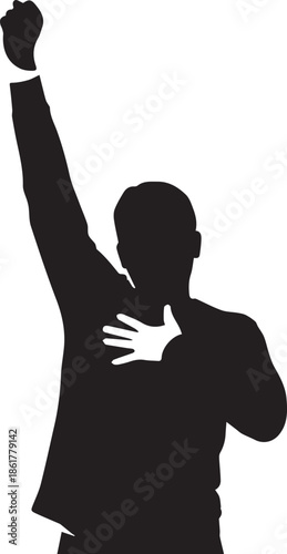 Silhouette of a person raising hand