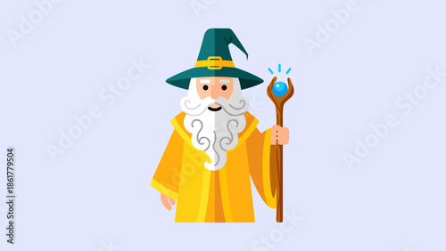 A wise old wizard with a long white beard and a magical staff.