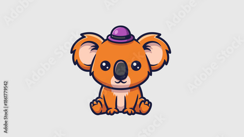 Canvas Print Adorable cartoon koala wearing a purple hat sitting and looking forward