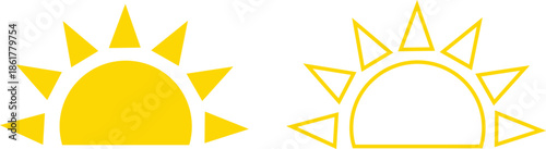 Sun icon set in flat and line style, solar symbol silhouette and outline collection featuring sunshine, sunrise and weather elements, bright minimal vector illustration group