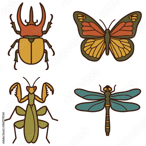 Insects Collection with Butterfly Dragonfly Mantis and Beetle Flat Design