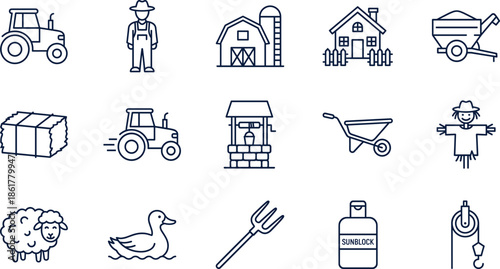 Agriculture and Farming Line Icon Set Featuring Tractor, Farmer, Barn, Farmhouse, Hay, Water Well, Wheelbarrow, Scarecrow, Sheep, Duck, and Pitchfork