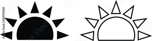 Sun icon set in flat and line style, solar symbol silhouette and outline collection featuring sunshine, sunrise and weather elements, bright minimal vector illustration group