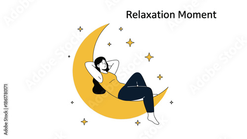 Illustration of a woman peacefully relaxing on a crescent moon in a starry sky