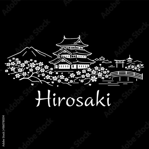Hirosaki Castle with cherry blossoms and Mount Iwaki vector illustration