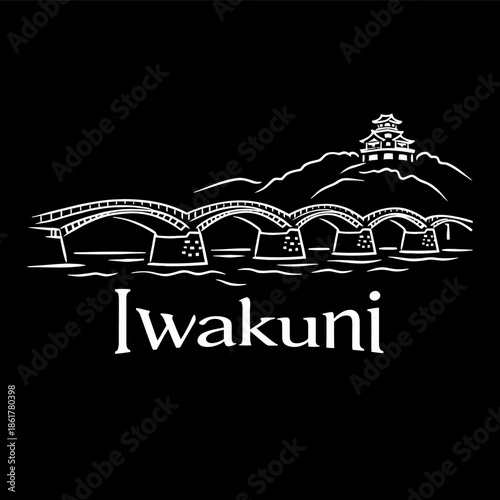 Iwakuni Japan Kintai Bridge and castle minimalist vector illustration