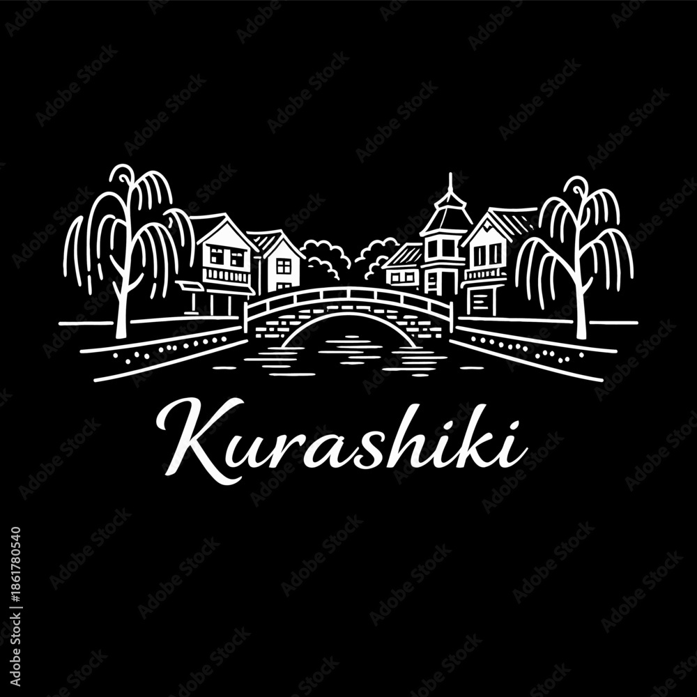 Fototapeta premium Kurashiki Bikan Historical Quarter canal scene vector illustration
