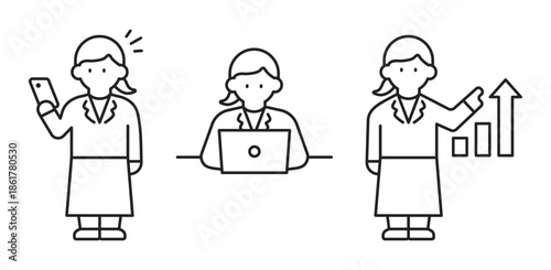 仕事をする女性のビジネスアイコンセット（線幅変更可能）	
