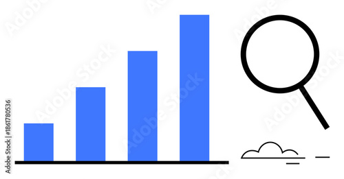 Magnifying glass highlighting blue bar graph with ascending bars, evoking themes of analytics, progress, and strategy. Ideal for data, growth, research, statistics, business strategy simple flat