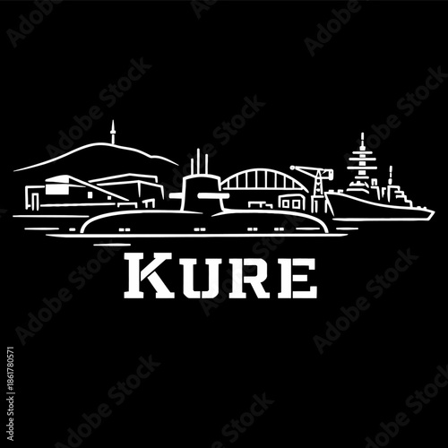 Kure city naval port skyline with submarine vector illustration