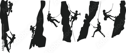 Rock climbers silhouettes climbing vertical cliffs with rope, extreme adventure sport athletes, outdoor mountain challenge concept, fitness and endurance lifestyle illustration