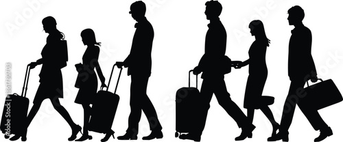 Silhouette travelers walking with luggage, people at airport terminal, family and business travel concept, tourism journey illustration, modern transportation scene