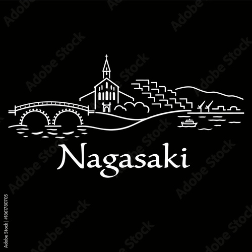 Nagasaki city landmarks skyline minimalist vector illustration