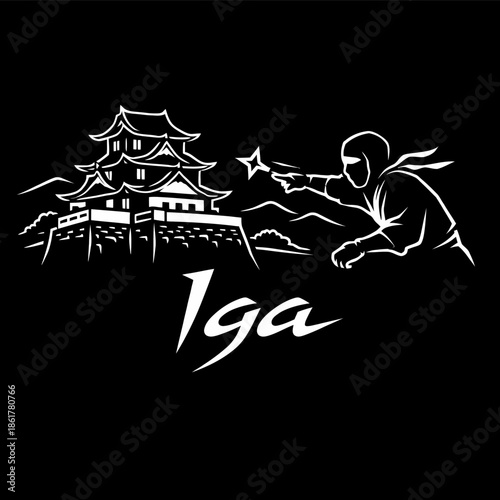 Ninja throwing shuriken at Japanese castle vector illustration