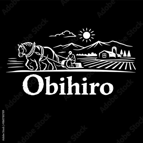 Obihiro farm horse plowing field landscape vector illustration