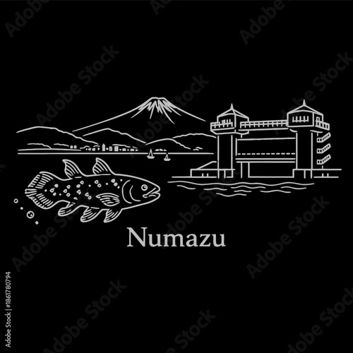 Numazu city landmarks with Mount Fuji and coelacanth vector illustration