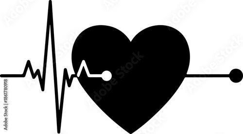 Heart with ECG Line black silhouette Vector illustration