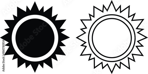 Sun icon set in flat and line style, solar symbol silhouette and outline collection featuring sunshine, sunrise and weather elements, bright minimal vector illustration group