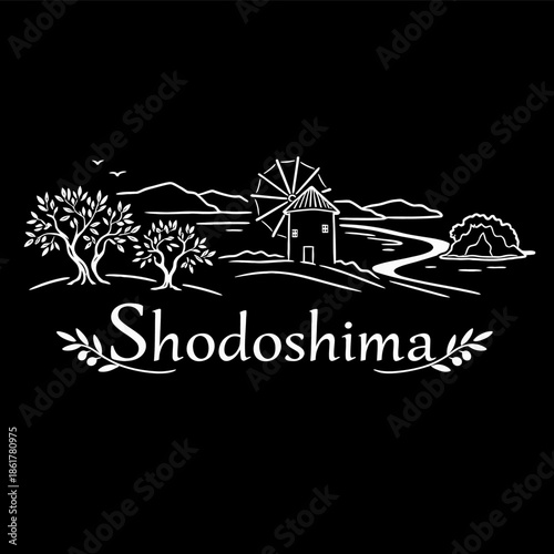 Shodoshima island landscape with windmill and olive trees vector illustration