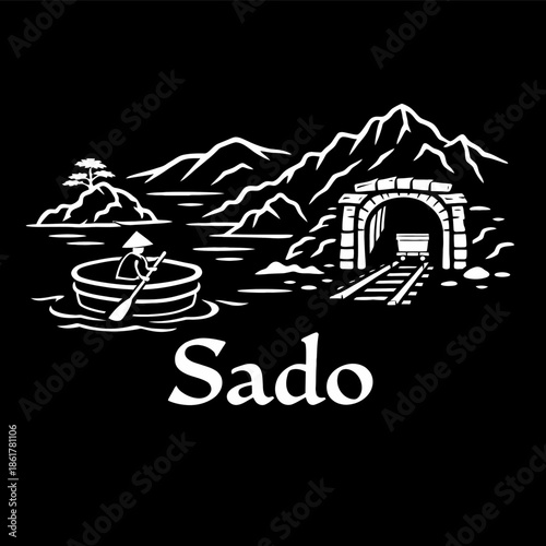 Traditional Sado Island landscape with tub boat and mine vector illustration