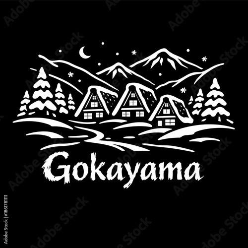 Traditional Japanese village Gokayama in winter vector illustration