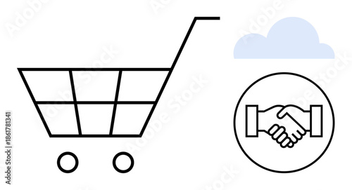 Online shopping concept. Shopping cart icon paired with handshake and cloud graphic e-commerce collaboration. Online shopping streamlines digital retail and customer experience. Perfect