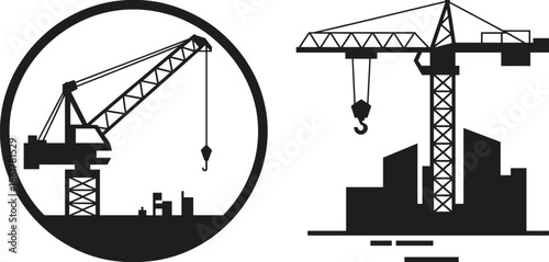 Construction crane silhouettes over city skyline, industrial building site illustration, architecture and engineering concept, heavy lifting machinery in urban development