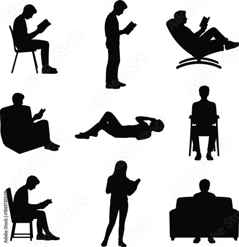 People reading book silhouettes set, men women relaxing studying sitting standing poses vector illustration isolated white background