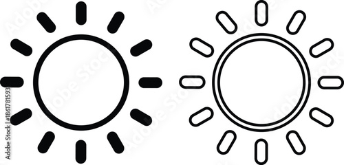 Sun icon set in flat and line style, solar symbol silhouette and outline collection featuring sunshine, sunrise and weather elements, bright minimal vector illustration group