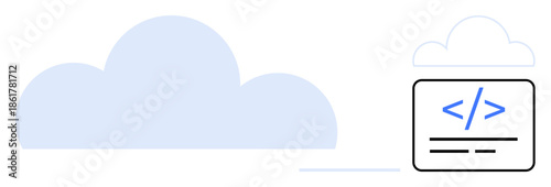 Cloud technology, software development, programming, data storage, coding education, web hosting. Cloud icon with coding symbol beneath. Cloud technology and software development concept