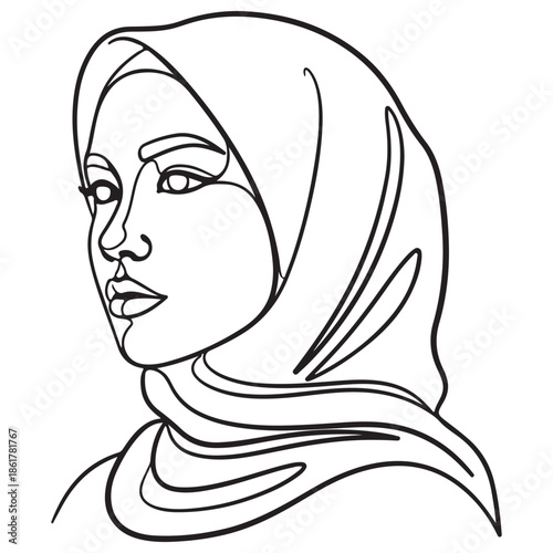 Minimalist Continuous Line Art of Woman Wearing Hijab Profile
