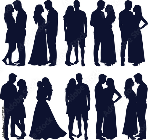 Romantic couples silhouette collection showing men and women hugging kissing dancing together for wedding love relationship concept illustration isolated white