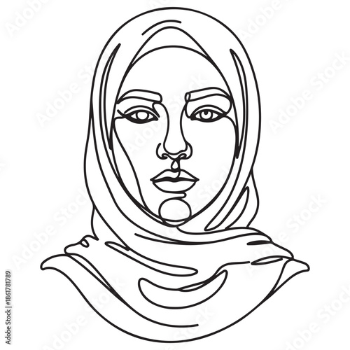 Elegant One Line Art Portrait of Woman Wearing Hijab