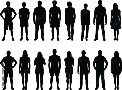 Human, silhouettes, standing, men, women, people, group, collection, black, figures, isolated, white, background, diversity, set, illustration, crowd, team, outline, design