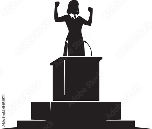 Silhouette of a woman on a podium with fists raised in victory