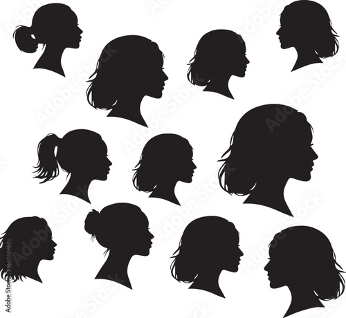 Collection of diverse female silhouettes with various hairstyles