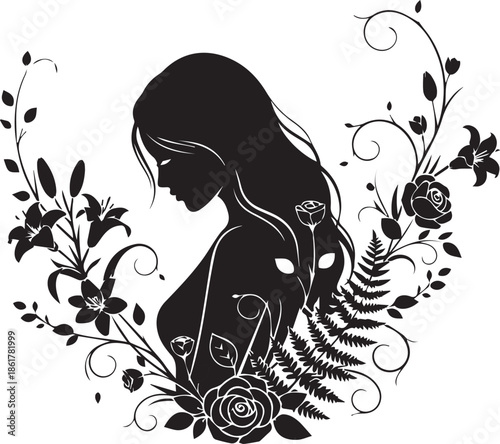 Elegant silhouette of a woman surrounded by floral embellishments