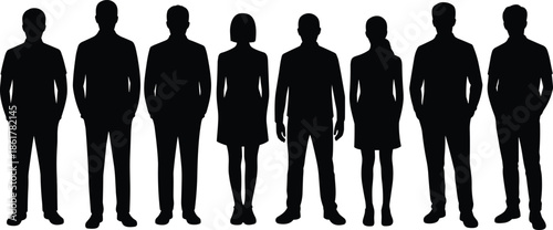 Silhouette business people standing, group of professional men and women, corporate team characters, office staff workers collection, modern business workforce illustration vector