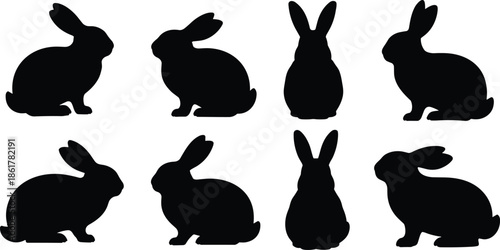 Rabbit silhouette collection, cute bunny animal vector set, wild and pet rabbits, black outline graphic illustration for Easter design