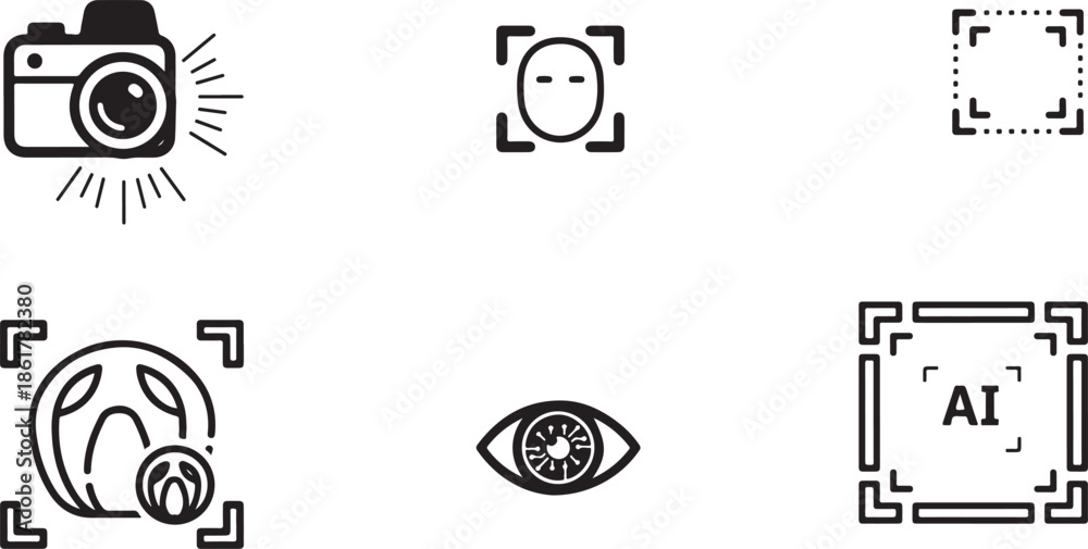 Obraz premium Computer vision camera, facial recognition frame, AI eye, object detection box.