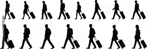 Silhouette travelers walking with suitcases, airport passengers commuting, modern tourism and business travel concept, journey illustration, transportation lifestyle design