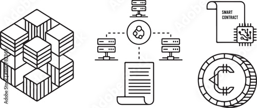 Blockchain cube, distributed nodes, smart contract document, crypto coin.