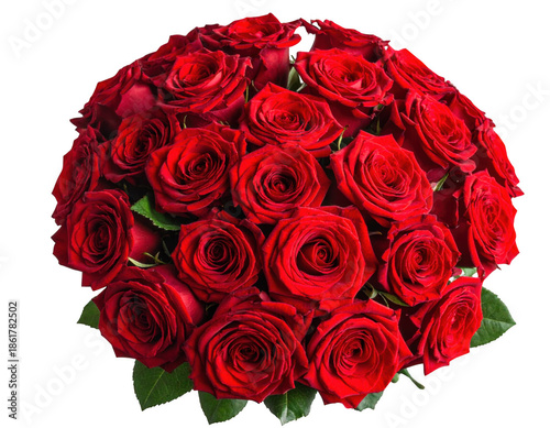 Round bouquet of red roses, isolated on white and transparent