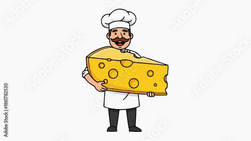 Smiling chef proudly holding large wedge of Swiss cheese