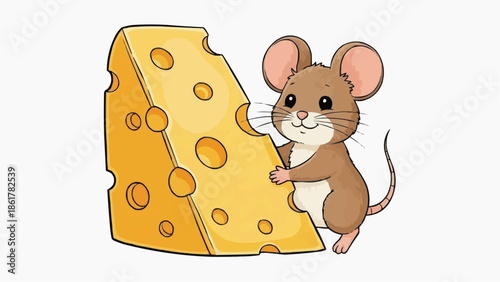 Cute cartoon mouse enjoying a delicious slice of cheese