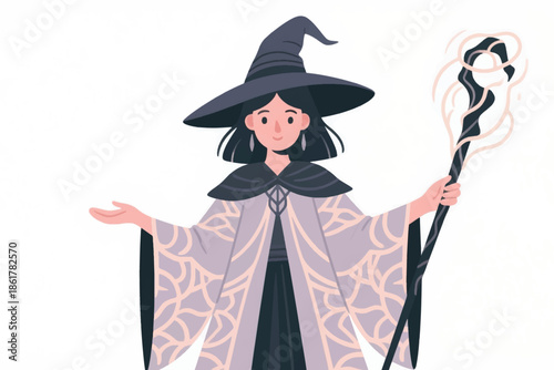 Wizard character in ornate robe and wide brimmed hat holding a magical staff. A mystical fantasy figure.