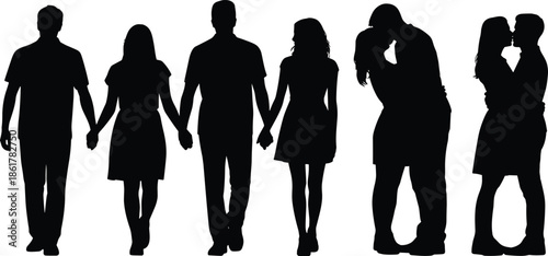 Romantic couple silhouettes walking together, holding hands, hugging and kissing, boyfriend and girlfriend romance people illustration, love relationship, dating and affection concept