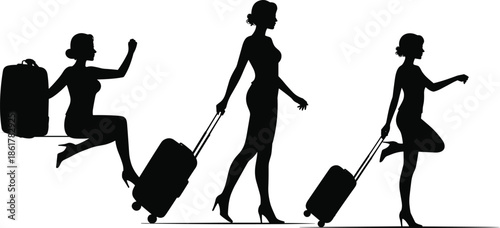 Woman silhouette traveling with suitcase on wheels, stylish female tourist walking and posing, vacation journey concept, modern travel lifestyle illustration